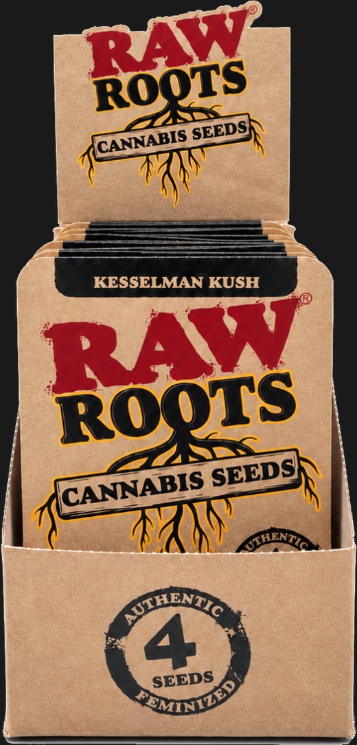 Raw Roots counter display box seen from the front, filled with Kesselman Kush seed packs