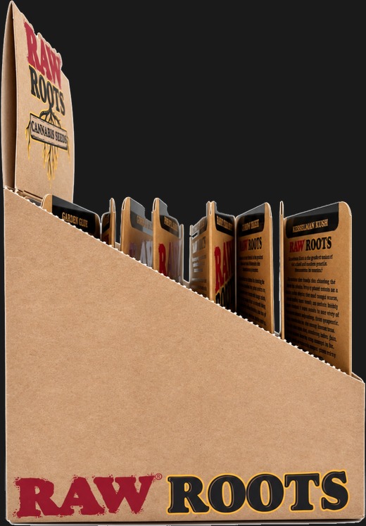 Raw Roots counter display seen from the right side, showing the tray and the branded front panel