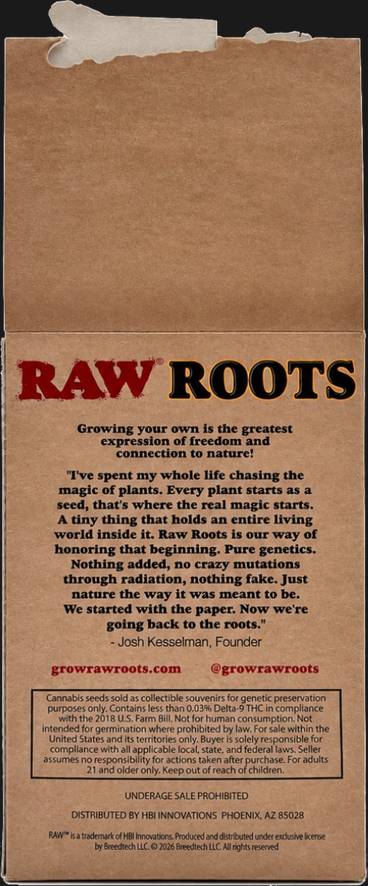 Back of the Raw Roots counter display, printed with the founder's story